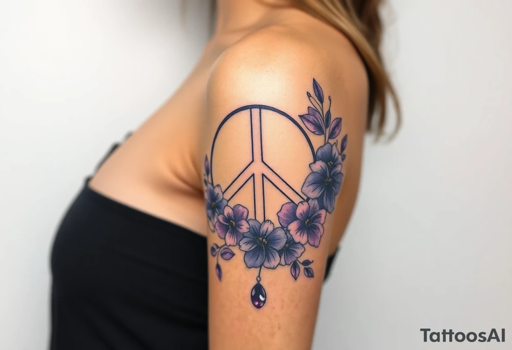 peace symbol intertwined with violets Pisces symbol, dog prints, amethyst, initials csb in cursive font tattoo idea