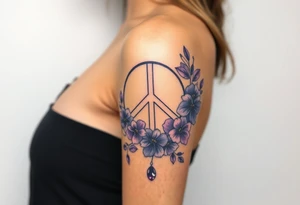 peace symbol intertwined with violets Pisces symbol, dog prints, amethyst, initials csb in cursive font tattoo idea