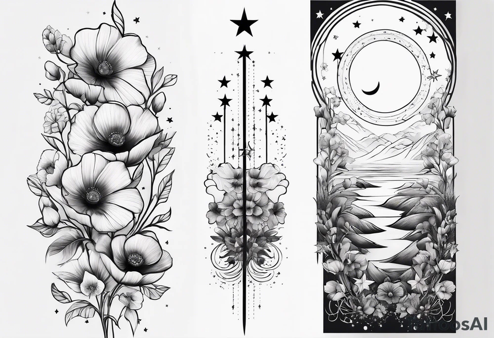 fine line vertical spine tattoo with stars, moon, clouds, poppy dainty very simple, outline, no shading tattoo idea