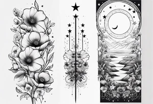 fine line vertical spine tattoo with stars, moon, clouds, poppy dainty very simple, outline, no shading tattoo idea