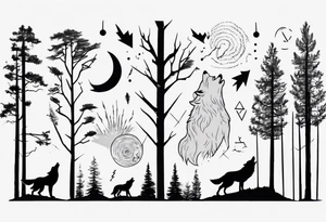 thunderstorm over a forest and a wolf howling tattoo idea