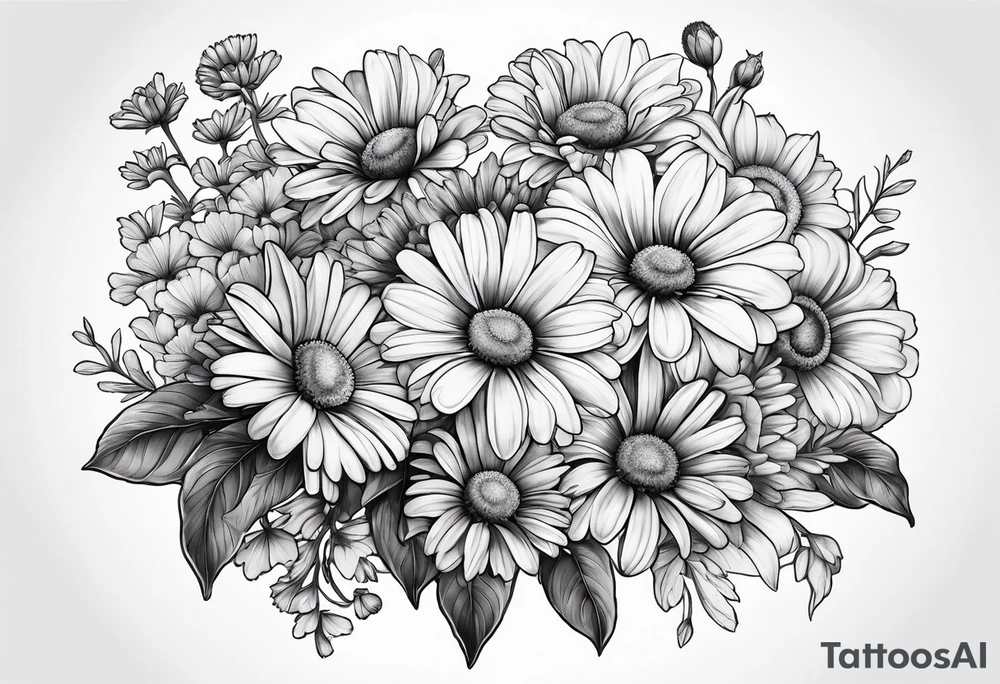 bouquet of daisy, aster, and carnations with stems tattoo idea
