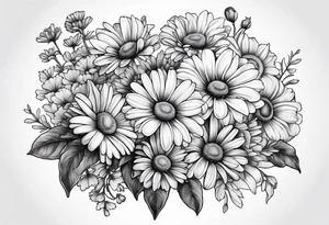 bouquet of daisy, aster, and carnations with stems tattoo idea