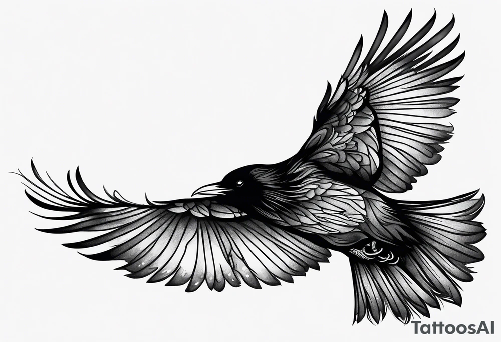 Raven in flight, upsidedown, knowing, light behind its eyes, ethereal tattoo idea
