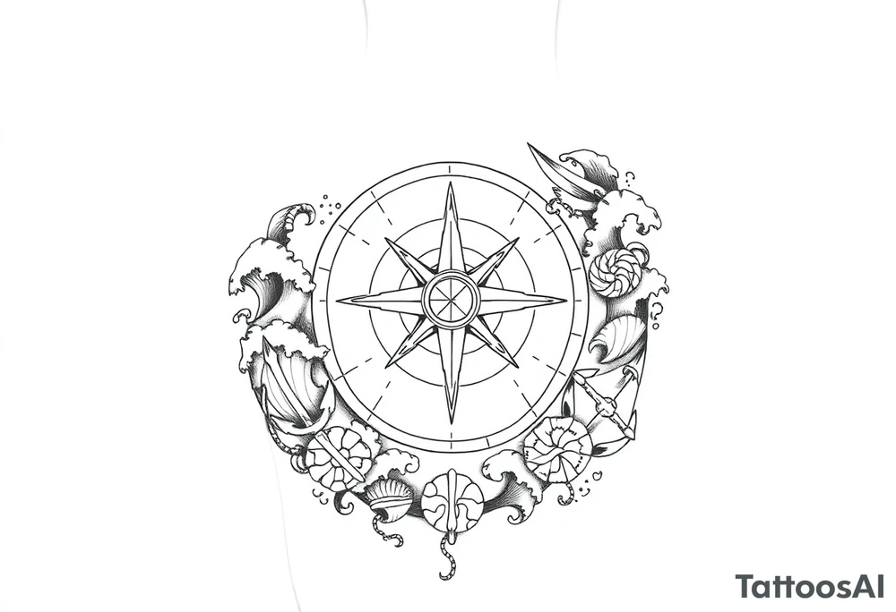 Wrap-around tattoo design for forearm, black and white line art. Central Vegvísir (Norse compass) symbol as the core element, with circular frame of stylized ocean waves, foam, shells and anchors that flow continuously around the arm. Balanced, mythological marine theme, fine details but not overcrowded. Clear outlines, high contrast, stencil-ready for tattoo. tattoo idea