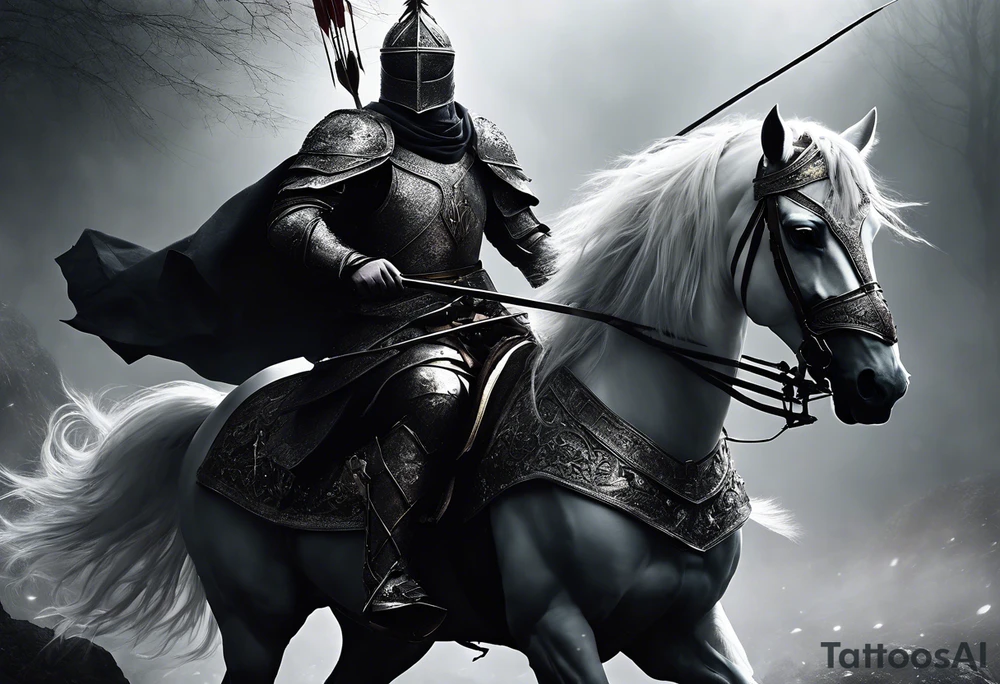 Dark art of the first horseman of the apocalypse. Wearing iron armor with a crown-shaped helmet, carrying a bow and arrows in one hand, he rides a white horse that is strong and slender, wearing shiny ornaments on his face. It is not possible to see the face of the horseman, who is obscured by the darkness and fog of the image. It is important that the horseman is facing the image and that the image shows the entire body of both the horse and the rider. tattoo idea
