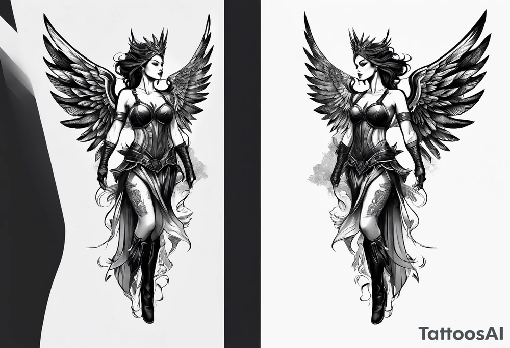 The full body of a Valkyrie with wings tattoo idea