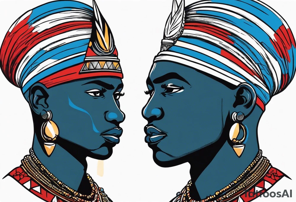 Black-skinned bald african warrior. He wears a simple and small silver crown. He uses two simple necklaces: one blue, other red. He has cowry shells in his crown tattoo idea