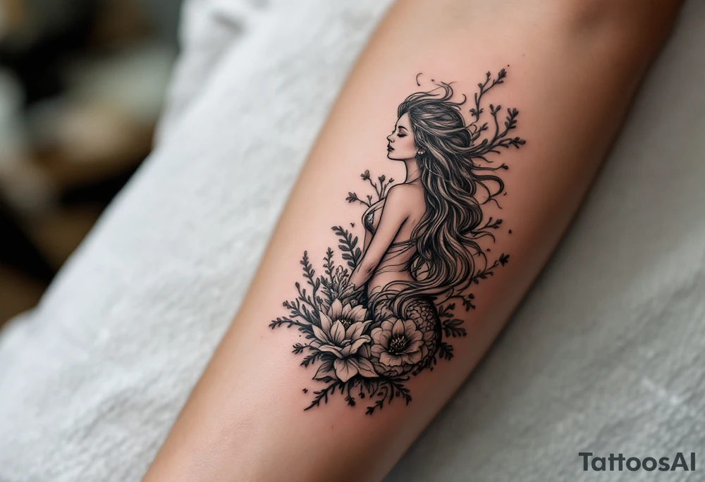 ethereal mermaid with flowing hair among coral and sea flowers tattoo idea