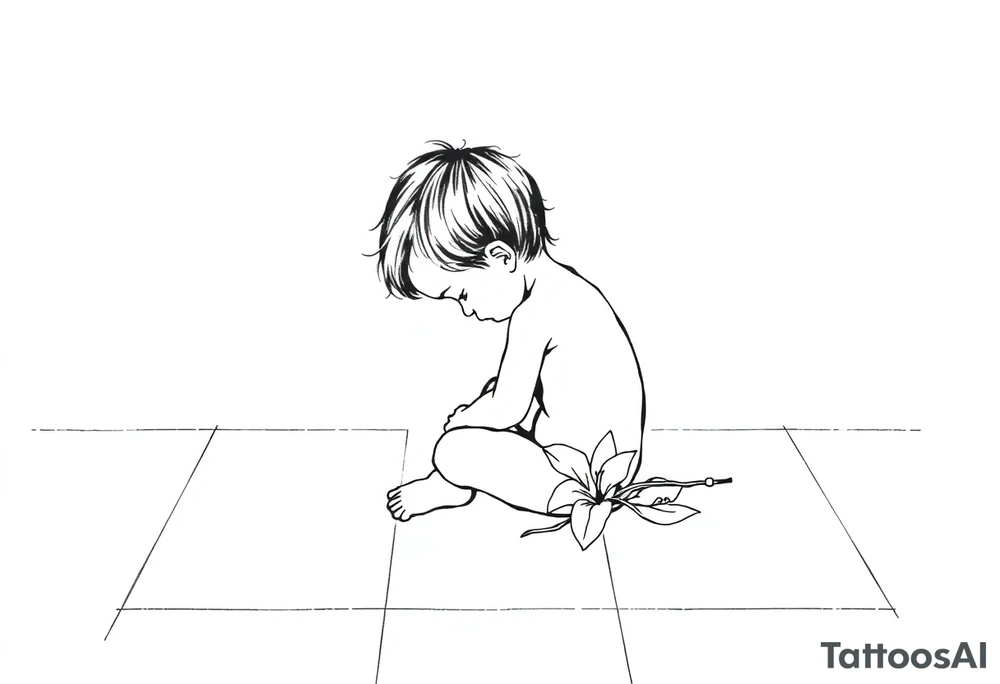 A simple tile floor with a minimalist outline of a curled child sitting on the floor with a lily next to her tattoo idea