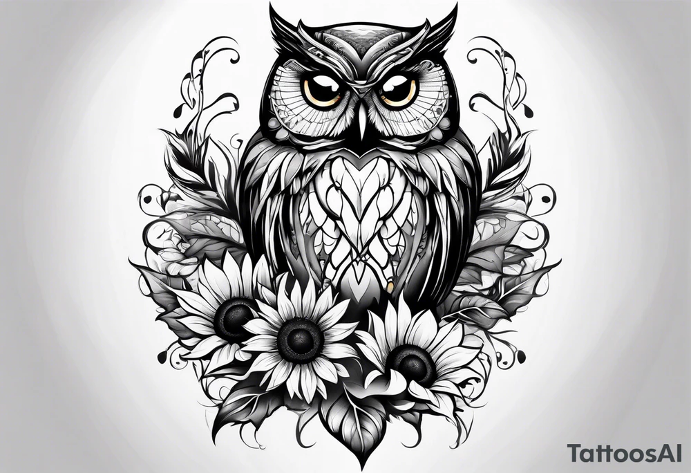 Owl, sunflower and butterfly tattoo idea