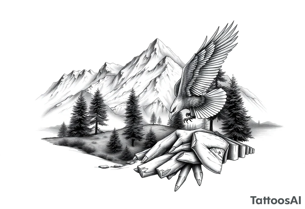 Mountain View with large trees and an eagle flying tattoo idea