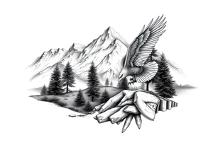 Mountain View with large trees and an eagle flying tattoo idea