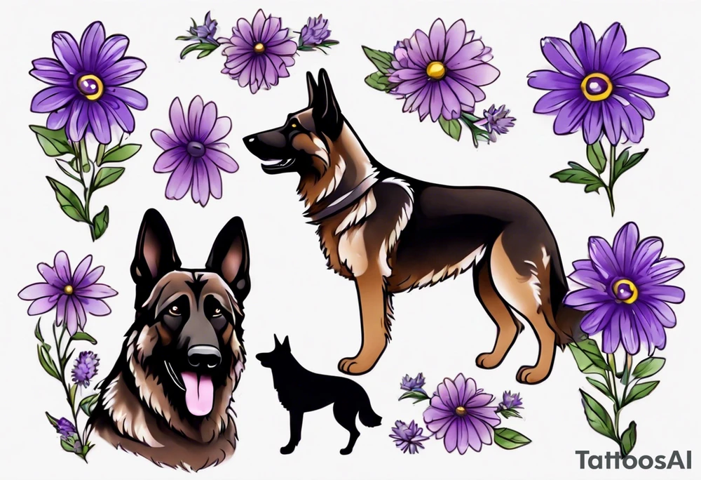Dark brown German shepherd with purple daisies tattoo idea