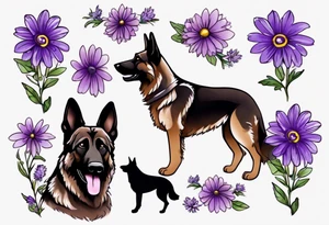 Dark brown German shepherd with purple daisies tattoo idea