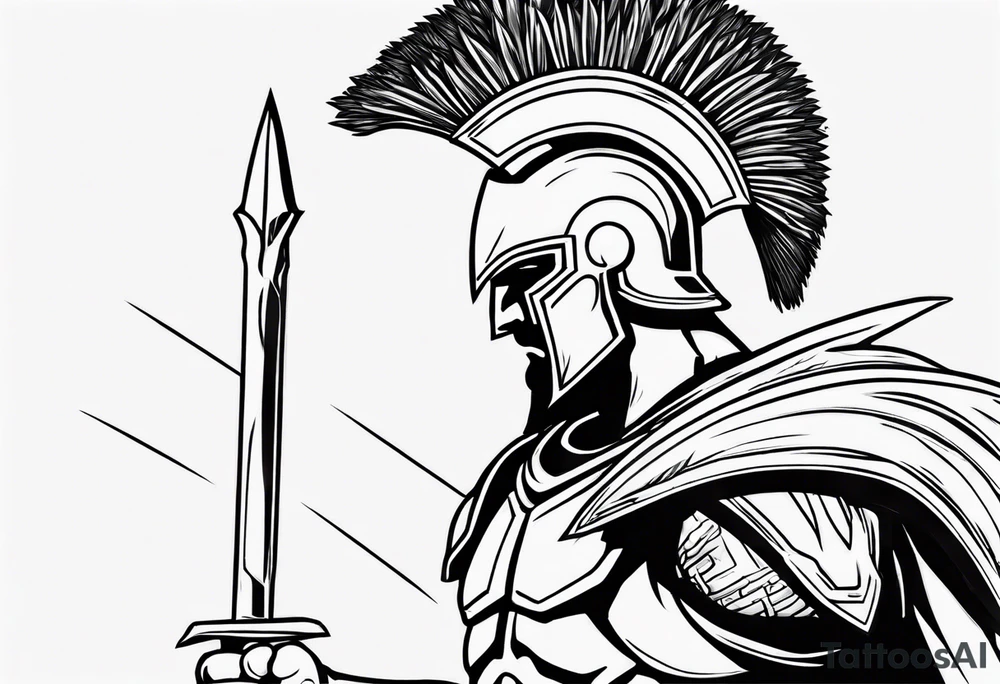 rectangular landscape format ultra-fine line linework vector of a spartan from the side, spartan spear, spartan shield, laurel wreath tattoo idea