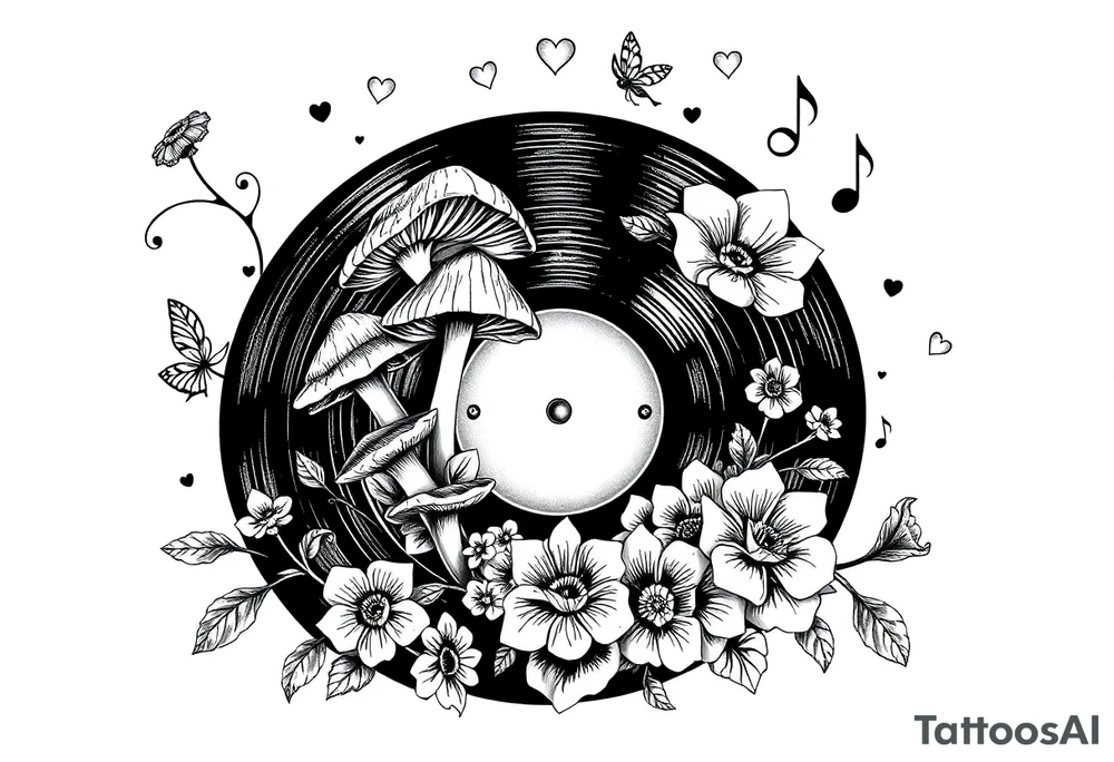 vinyl record with mushrooms, flowers, hearts, and music notes tattoo idea