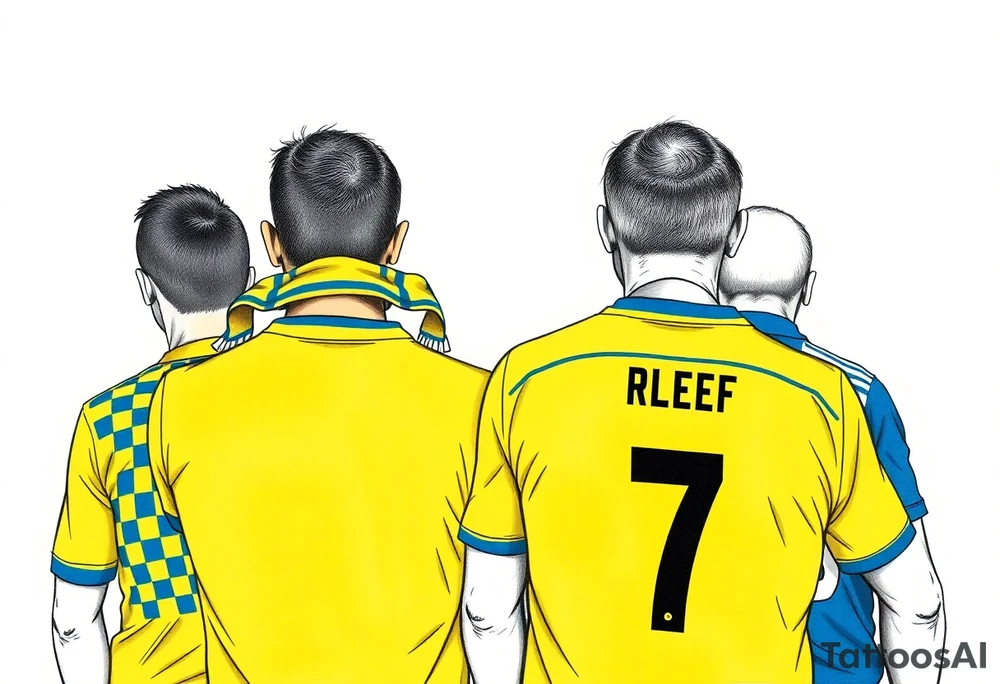 4 soccer fans from their backs, wearing yellow blue shirts. the second one from left having a kid on his shoulders, and he's rising a scarf.
the right one is older, more fat and shorter and wearing an shirt with the number 7 on it and has on his shoulders line like adidas
the left on has a yellow-blue Checkered on his shirt tattoo idea