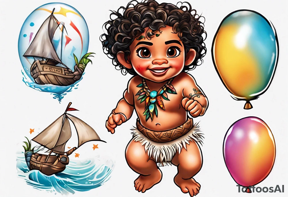 baby moana reaching for balloons tattoo idea