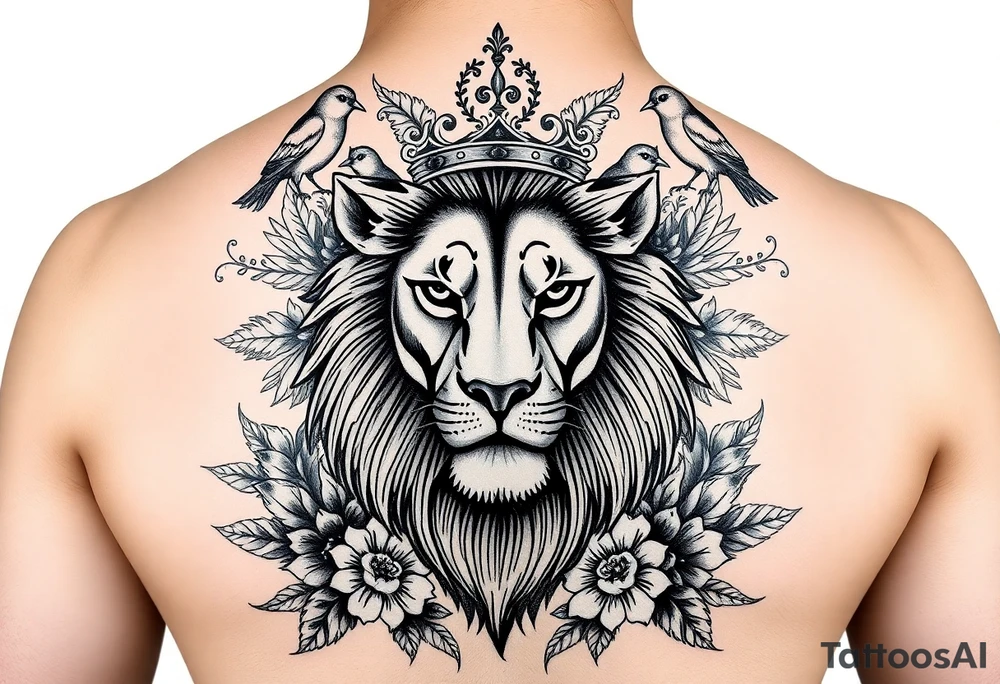 powerful majestic lion with a crown, surrounded by floral ornaments and birds tattoo idea