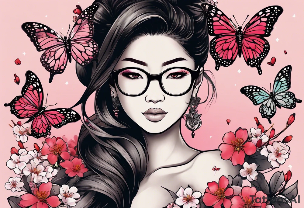 Japanese-style tattoo Black dark-skinned Female with glasses with butterflies and sakura blossoms around her with the lettering " Nisha " Underneath. tattoo idea