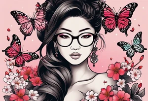Japanese-style tattoo Black dark-skinned Female with glasses with butterflies and sakura blossoms around her with the lettering " Nisha " Underneath. tattoo idea