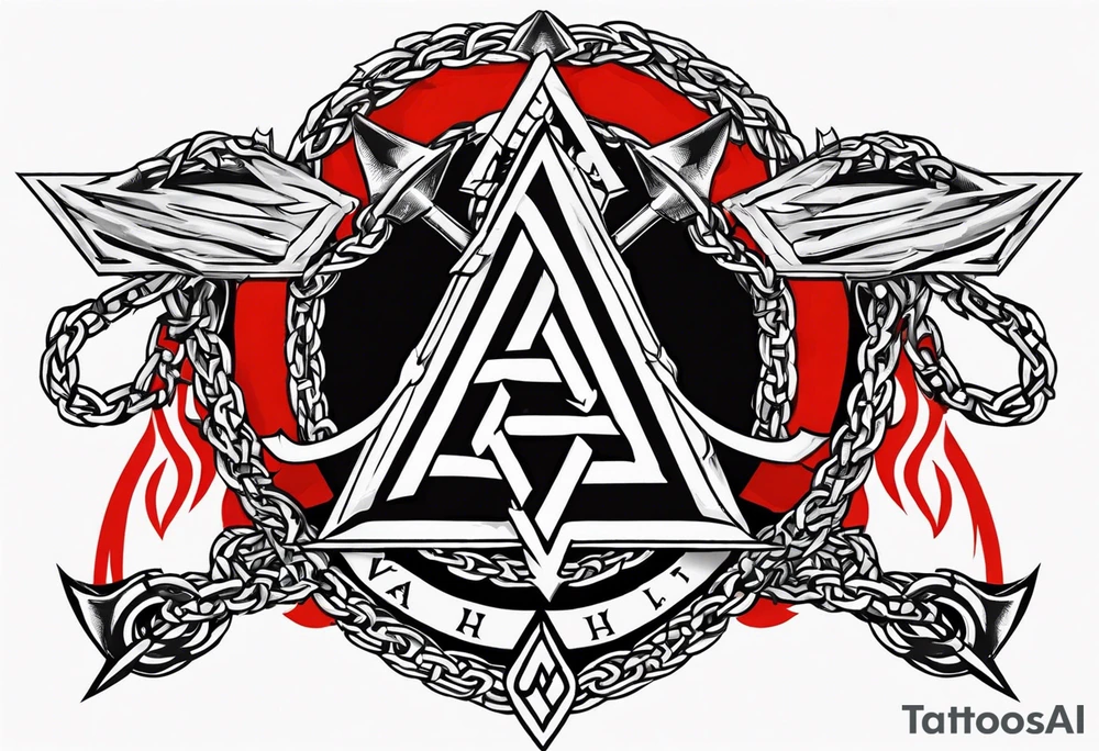 Valhalla sword shield axe barbed wire chains valknut fire tattoo idea Valhalla sword shield axe barbed wire chains valknut fire tattoo idea