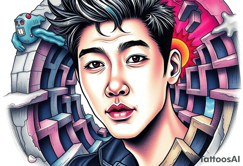 Handsome Asian young guy lost in a nightmarish labyrinth tattoo idea