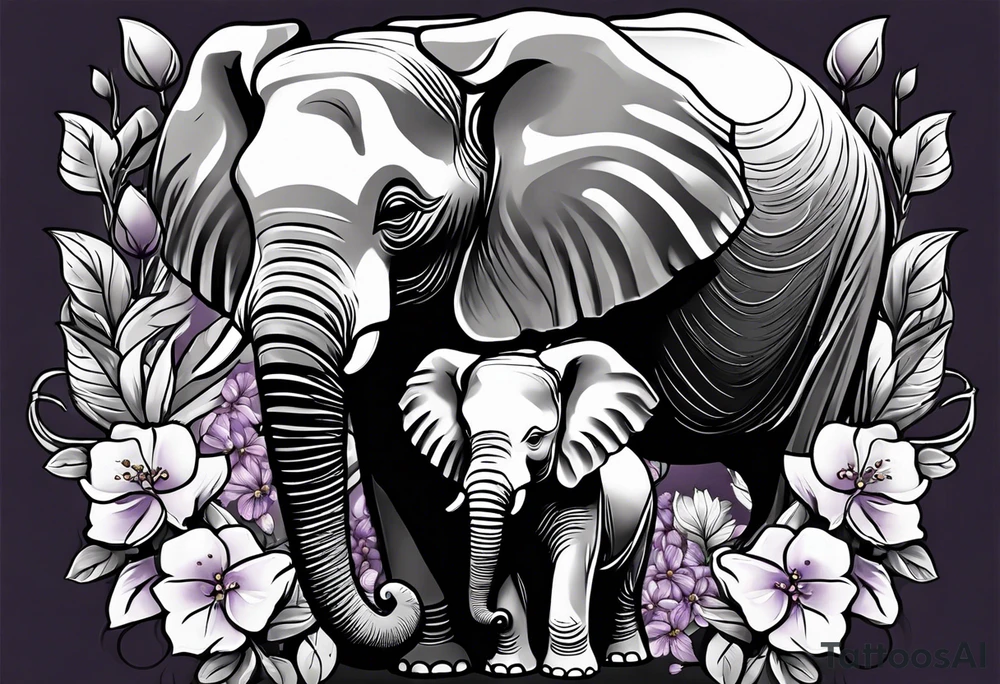 Elephant with baby Elephant holding lilacs tattoo idea