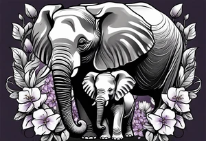 Elephant with baby Elephant holding lilacs tattoo idea