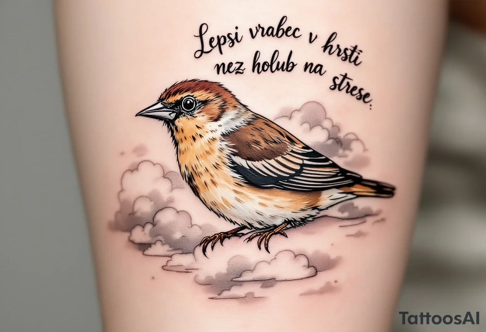"Lepsi vrabec v hrsti nez holub na strese." — A realistic sparrow shaded in warm browns perched on a hand, with soft gray clouds and the quote curved above in black ink. tattoo idea