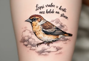 "Lepsi vrabec v hrsti nez holub na strese." — A realistic sparrow shaded in warm browns perched on a hand, with soft gray clouds and the quote curved above in black ink. tattoo idea