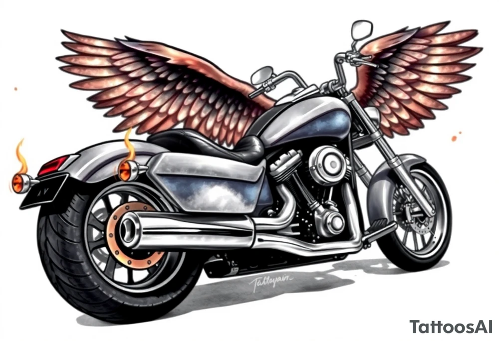 Low rider grey motorcycle, big muffler pipes with flames, angel wings, driving away, no person tattoo idea