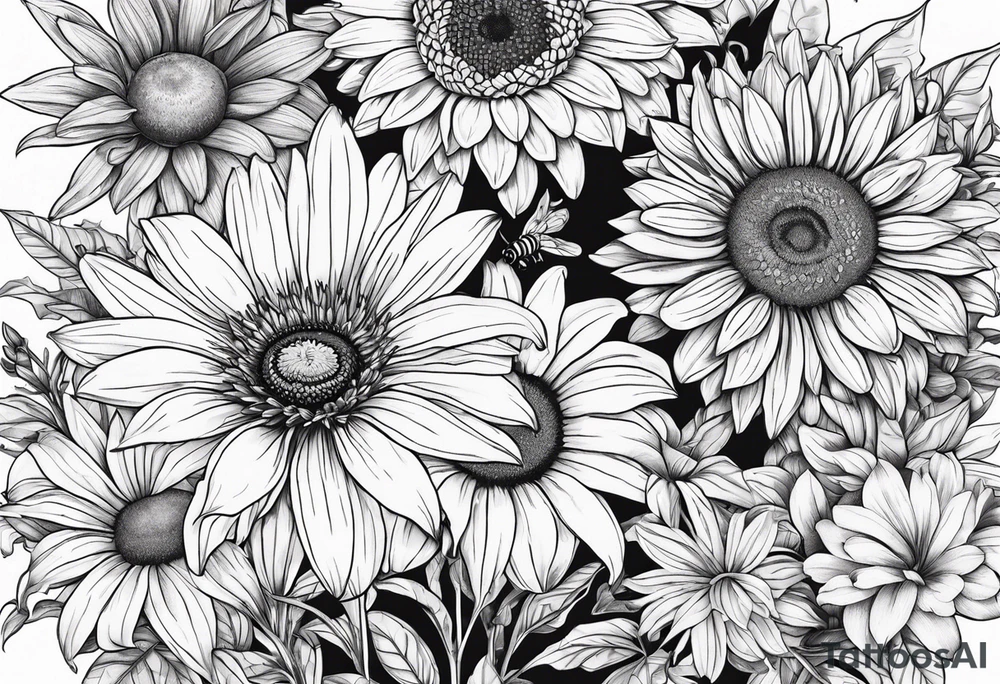 fine line drawing of gerber daisy lilies and sunflowers with a bee and a lady bug tattoo idea