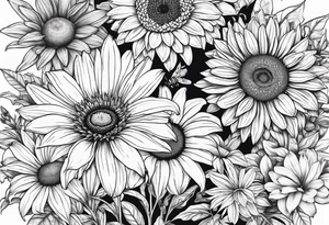 fine line drawing of gerber daisy lilies and sunflowers with a bee and a lady bug tattoo idea