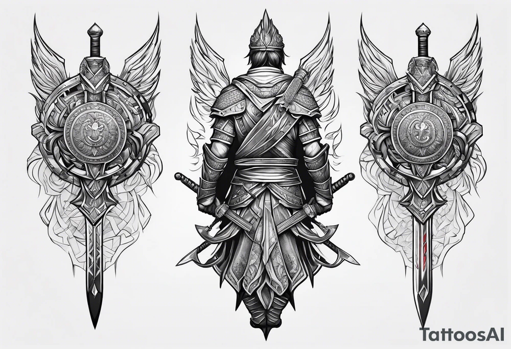 Warrior with sword back turned tattoo idea