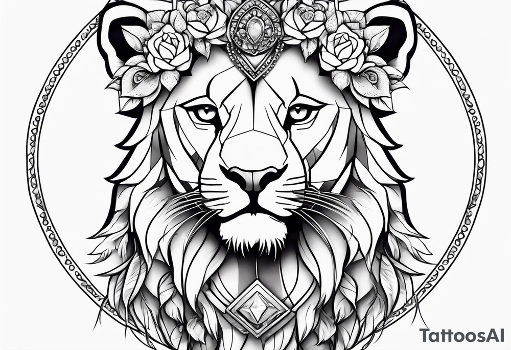 Beautiful lioness with necklace and a flower headband tattoo idea