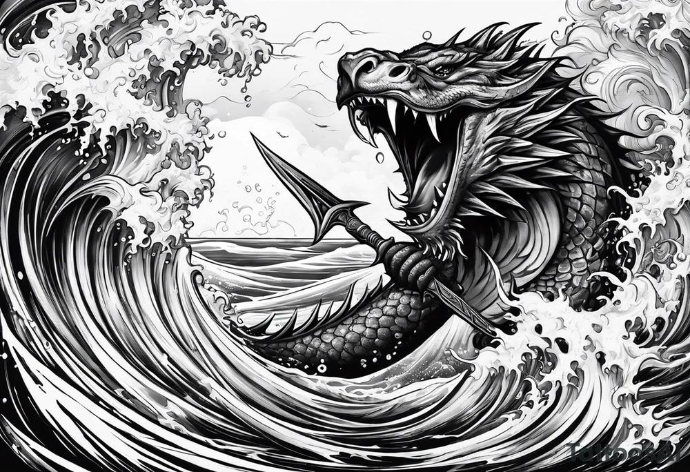 posseidon with his trident in the water fighting a sea water monster tattoo idea