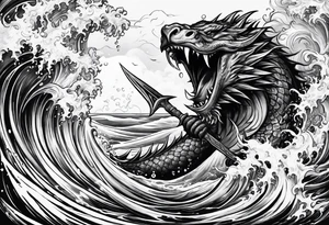 posseidon with his trident in the water fighting a sea water monster tattoo idea