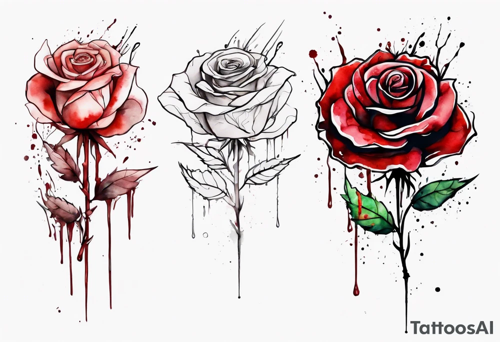 rose flower, one line, red blood dripping from the flower, tall, watercolor tattoo idea