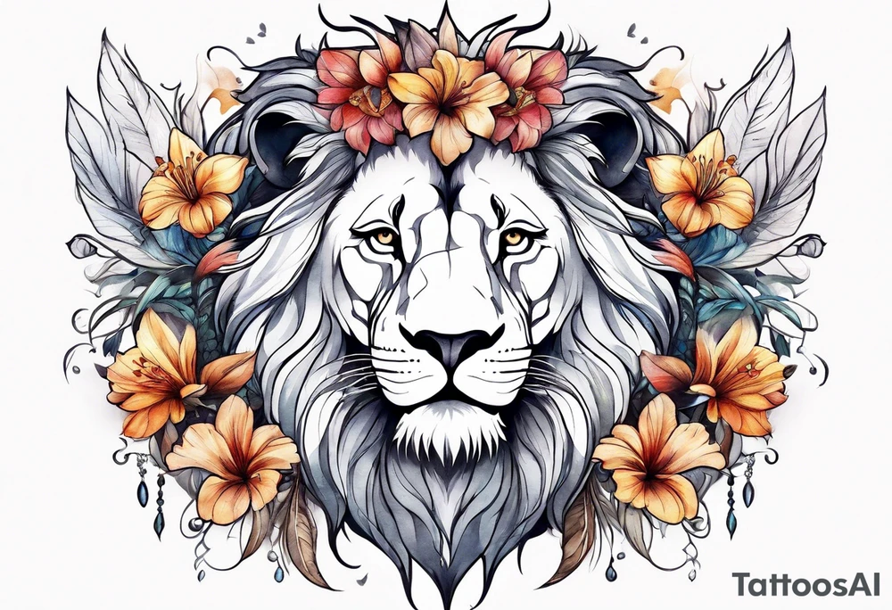 lion mane made of feathers covered in lilies and butterflies crown tattoo idea