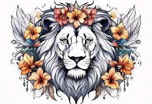 lion mane made of feathers covered in lilies and butterflies crown tattoo idea