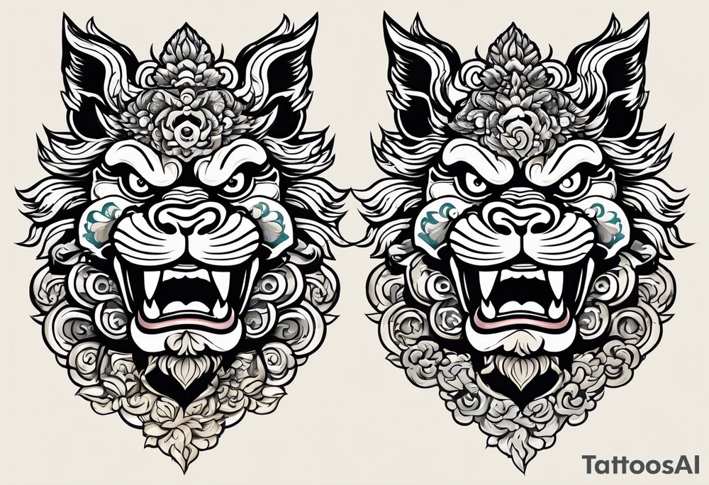 Okinawa style twin shisa dogs, one with open mouth, one with closed mouth, chest/pecs, Yakuza style, old school tattoo idea