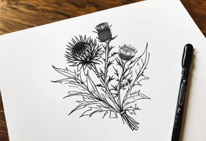 wildflower bouquet including thistle with the lyricas "And I won't let me insecurities define who I am" around it tattoo idea