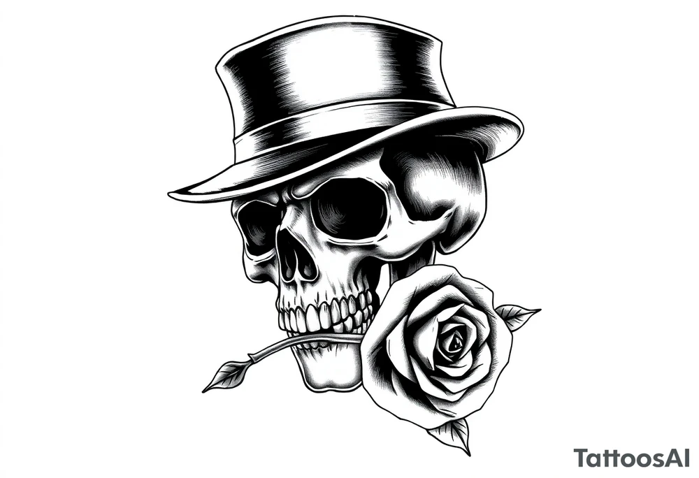 a skull with top-hat and a rose in his mouth. tattoo idea