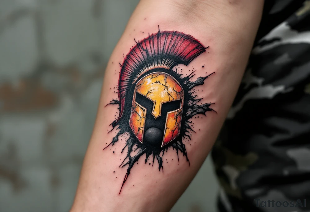 An abstract tattoo of a puck and ball crashing together, merging into the red-and-yellow Sparta logo. tattoo idea