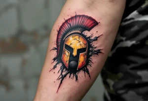 An abstract tattoo of a puck and ball crashing together, merging into the red-and-yellow Sparta logo. tattoo idea