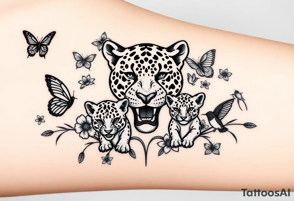 head of 3 jaguars (1 mother and 2 cubs) surrounded by butterflies and hummingbirds in new old school style tattoo idea