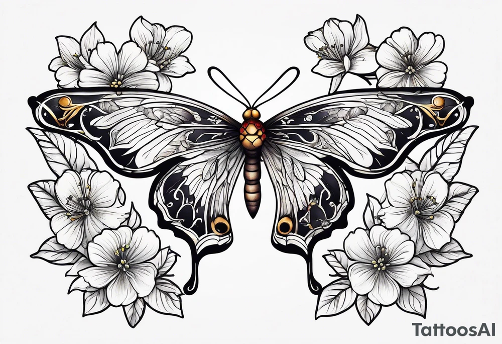 Winding branches and leaves and tiny flowers with a small moth tattoo idea