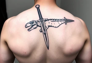 Tattoo image idea that shows a fingolfin sword and has a sauropods dinosaur incorporated with the sword tattoo idea